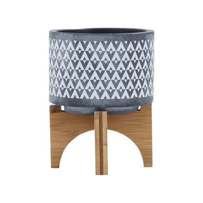 CERAMIC 5" AZTEC PLANTER ON WOODEN STAND, GRAY
