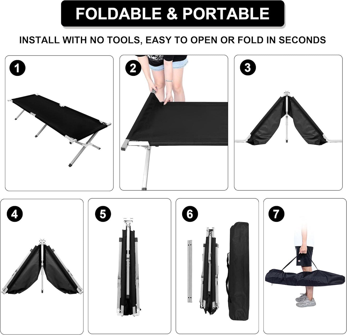Camping Cot, Sleeping Cots for Adults with Storage Bag, Portable and Lightweight Cot Bed for Outdoor Traveling, Hiking, Office Nap, Easy to Set up, 1 Pack