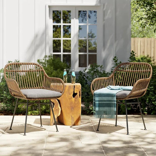 Christopher Knight Home Rodney Outdoor Woven Faux Rattan Chairs with Cushions (Set of 2), Light Brown and Beige Finish