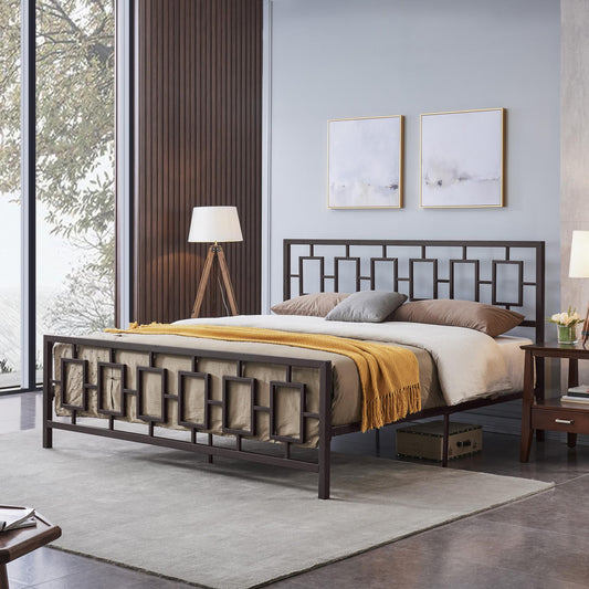 Classic King Size Metal Bed Frame with Vintage Headboard, No Box Spring Required, Under Bed Storage, Copper