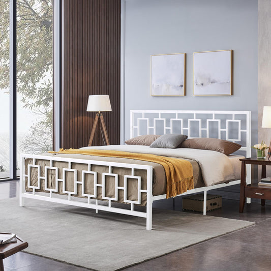 Classic King Size Metal Bed Frame with Vintage Headboard, No Box Spring Required, Under Bed Storage, White