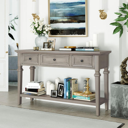 Classic Retro Style Console Table with Three Top Drawers and Open Style Bottom Shelf for Entryway, Hallway and Living Room(Gray Wash)