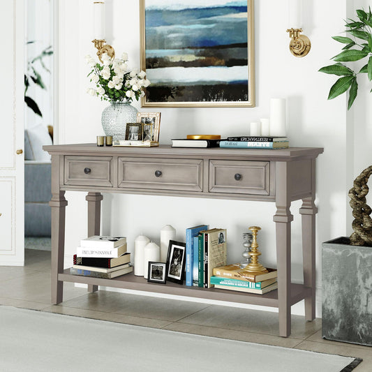 Classic Retro Style Console Table with Three Top Drawers and Open Style Bottom Shelf for Entryway, Hallway and Living Room(Gray Wash)