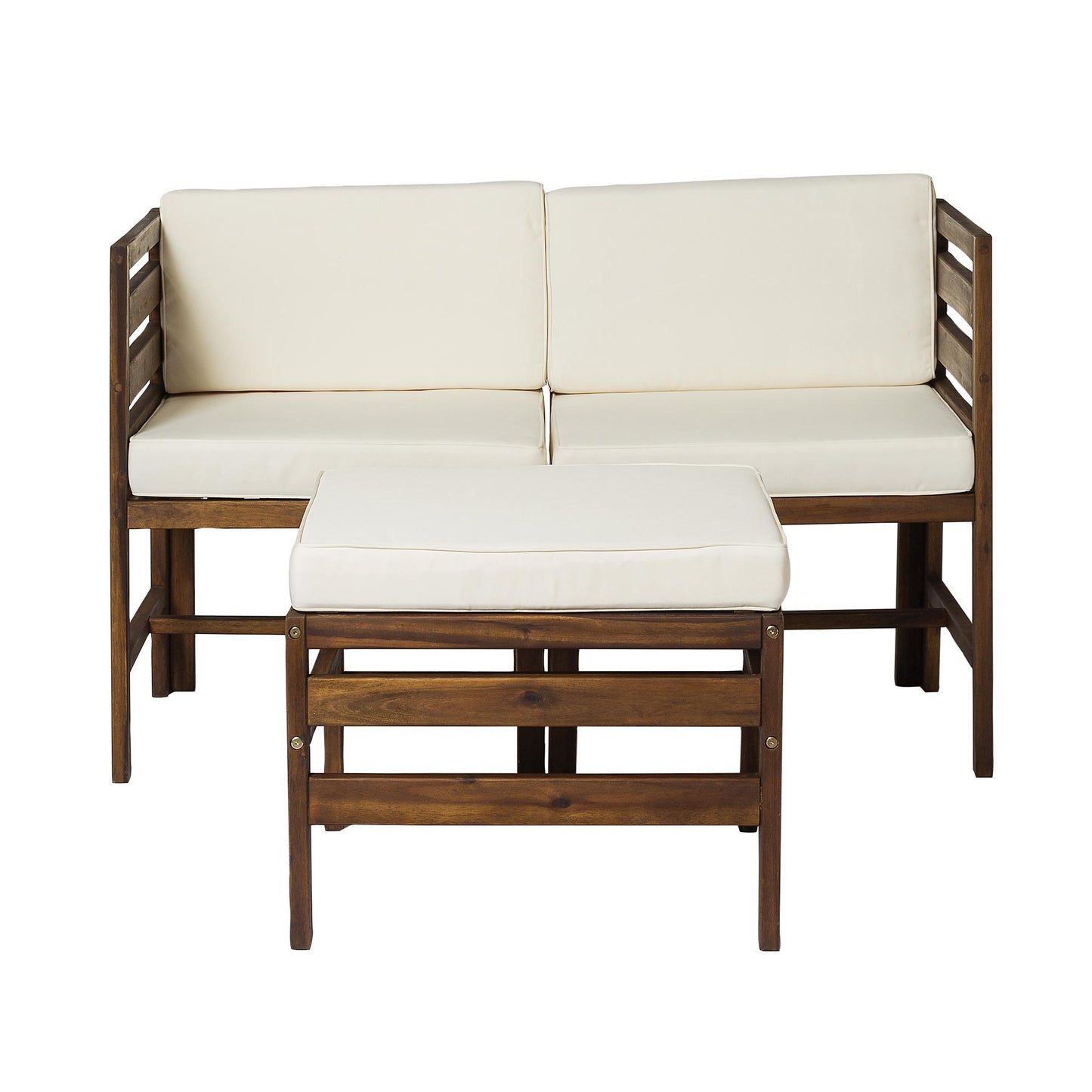 Contemporary 3-Piece Modular Acacia Wood Left and Right Arm Chairs and Ottoman - Dark Brown