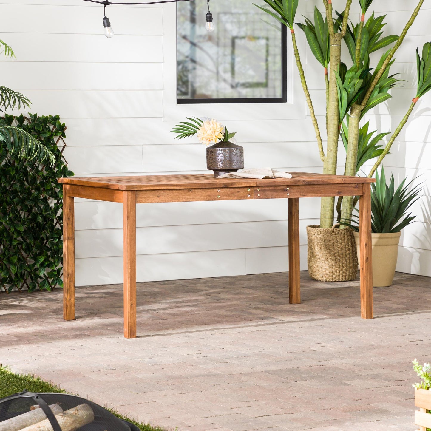 Contemporary Slat-Top Acacia Wood Outdoor Dining Table - Brown