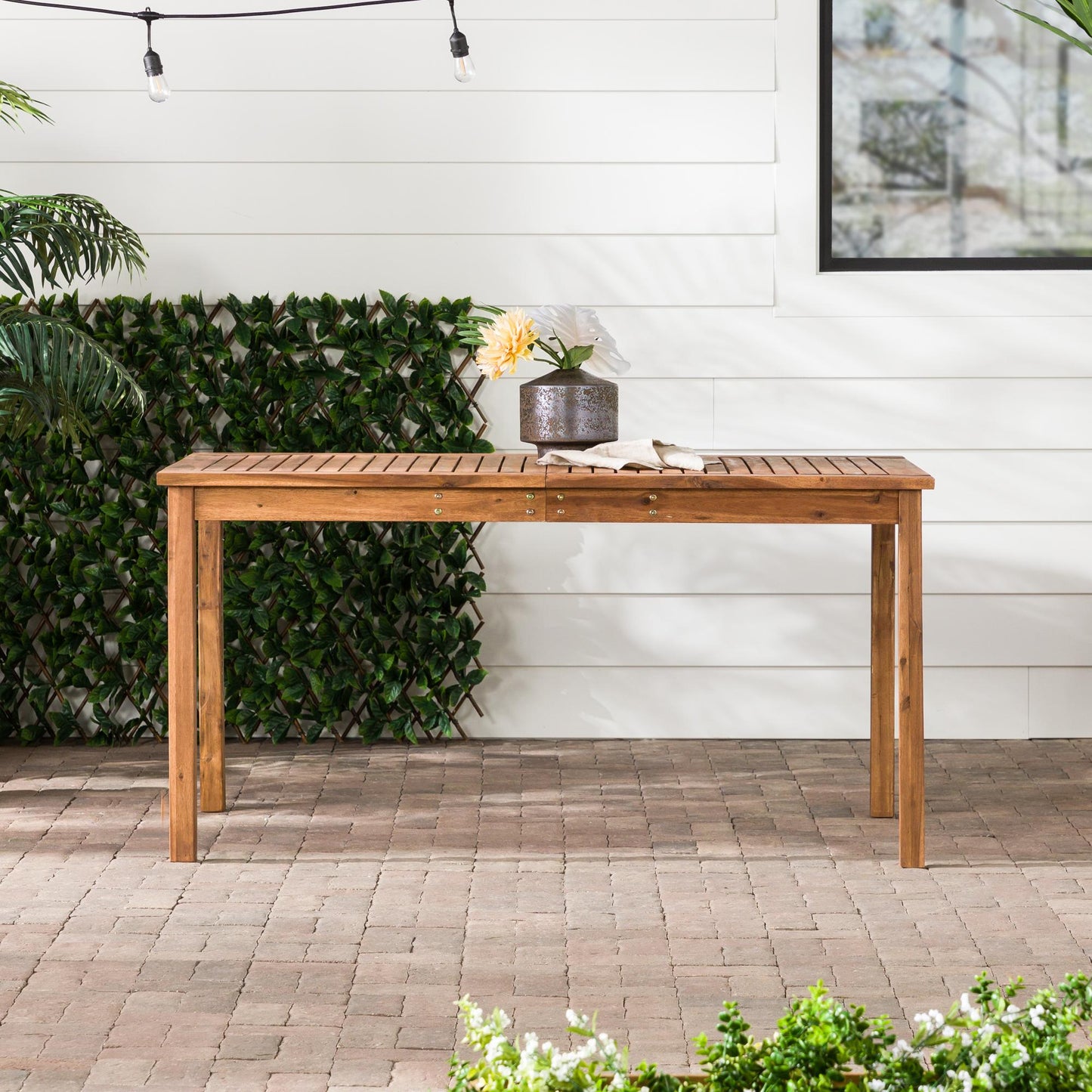 Contemporary Slat-Top Acacia Wood Outdoor Dining Table - Brown