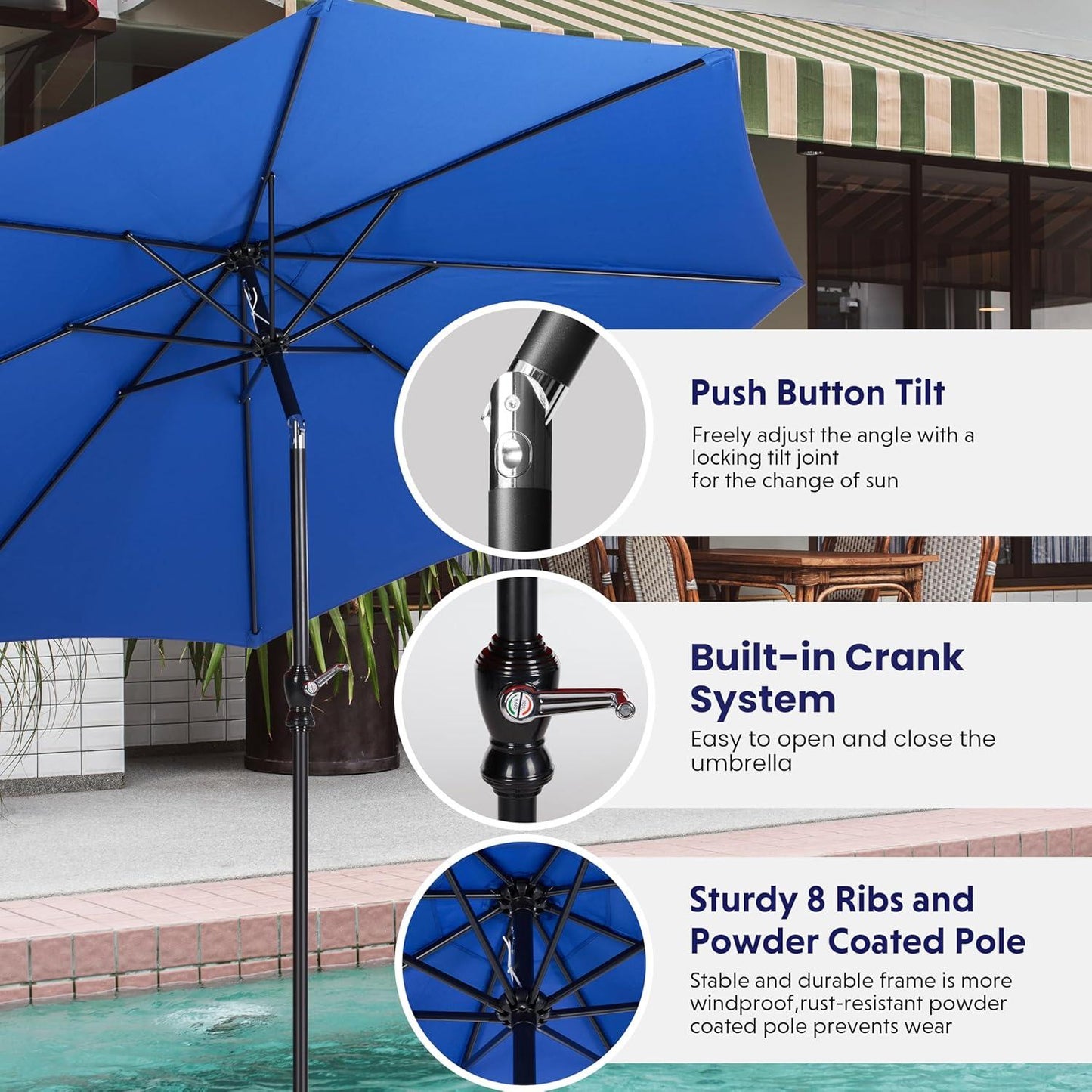9FT Outdoor Patio Umbrella with 8 Ribs, Table Umbrellas with Push Button Tilt/Crank, UV Protection Waterproof for Garden Deck Backyard Pool, Blue