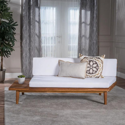 Eulah Indoor Minimalist Acacia Wood Left-Sided Sofa with White Cushions