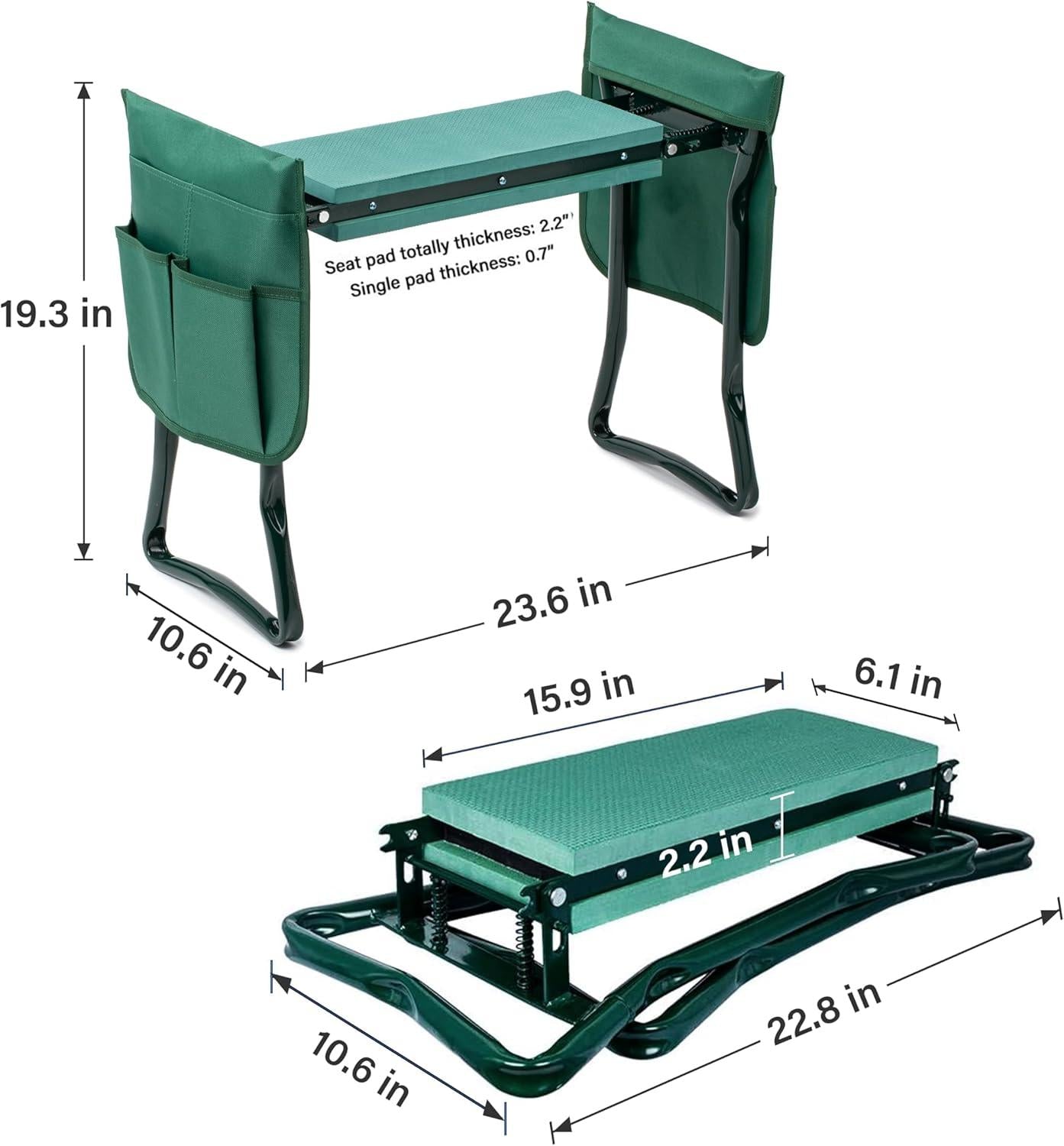Garden Kneeler and Seat, Foldable Kneeling Bench with Sturdy Soft EVA Foam Pad, for Camping, Gardening, Fishing, 2 Tool Pouches Included, Green