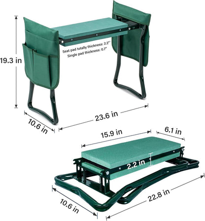 Garden Kneeler and Seat, Foldable Kneeling Bench with Sturdy Soft EVA Foam Pad, for Camping, Gardening, Fishing, 2 Tool Pouches Included, Green