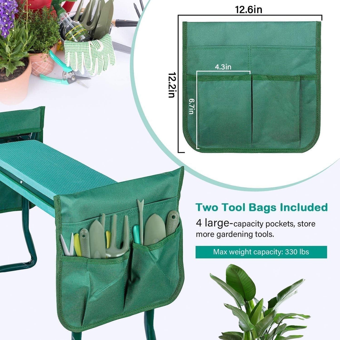 Garden Kneeler and Seat, Foldable Kneeling Bench with Sturdy Soft EVA Foam Pad, for Camping, Gardening, Fishing, 2 Tool Pouches Included, Green