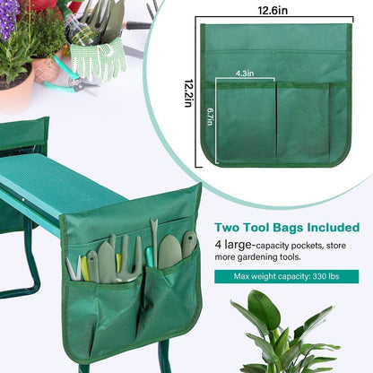 Garden Kneeler and Seat, Foldable Kneeling Bench with Sturdy Soft EVA Foam Pad, for Camping, Gardening, Fishing, 2 Tool Pouches Included, Green