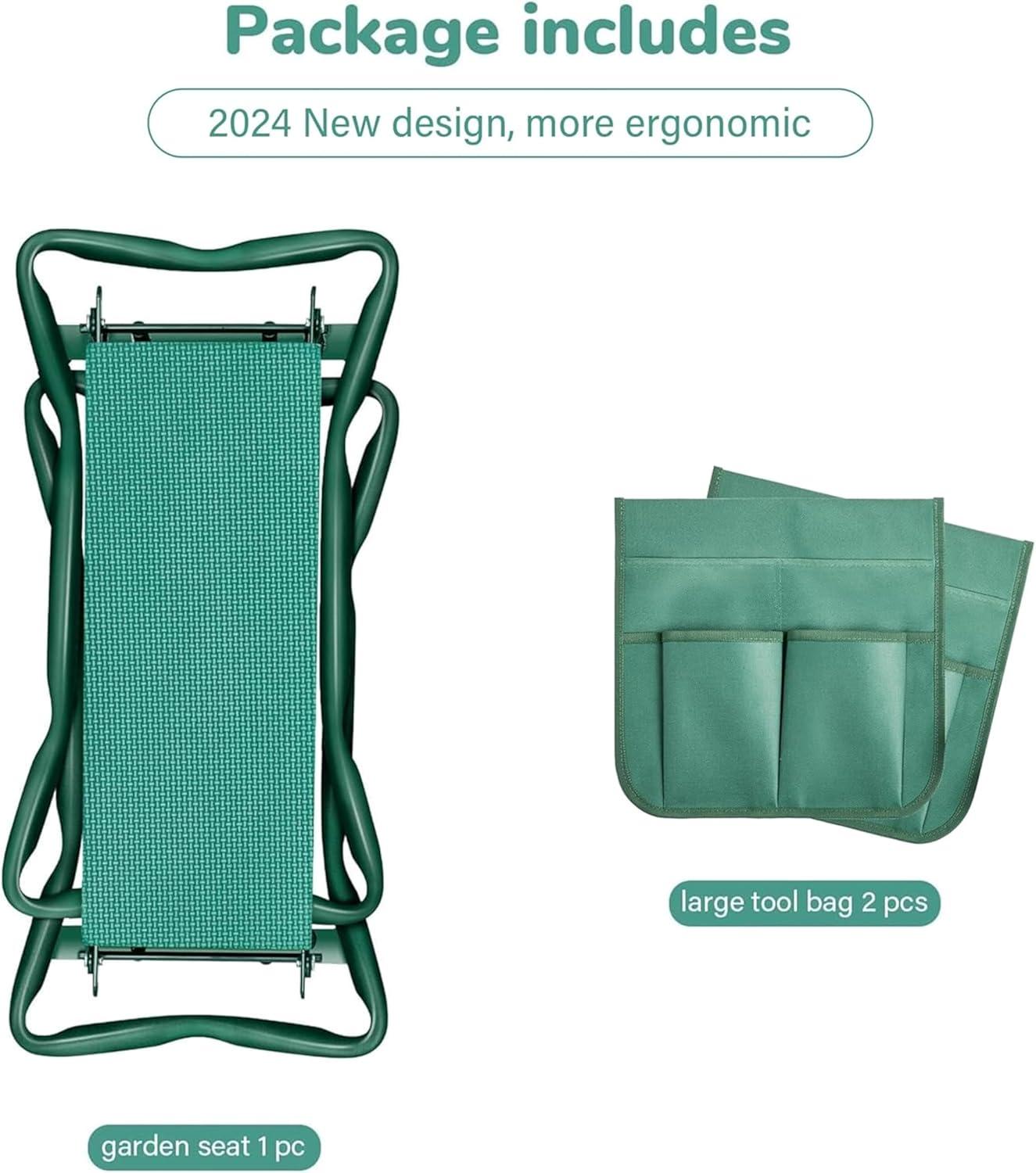 Garden Kneeler and Seat, Foldable Kneeling Bench with Sturdy Soft EVA Foam Pad, for Camping, Gardening, Fishing, 2 Tool Pouches Included, Green