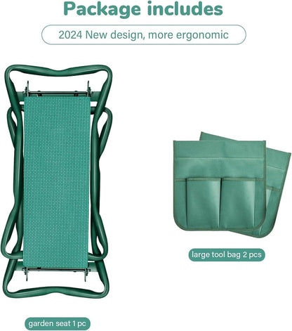 Garden Kneeler and Seat, Foldable Kneeling Bench with Sturdy Soft EVA Foam Pad, for Camping, Gardening, Fishing, 2 Tool Pouches Included, Green