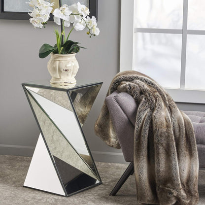 Geometrical Mirrored Side Table, Silver, Durable and Clear Design, Modern, Chic for Livingroom, Bedroom, Office 13.75''(L) x 13.75''(W) x 25.6''(H)
