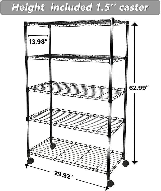 Heavy Duty 5-Shelf Shelving Unit 1250Lb Capacity, 29.92" D x 13.98" W x 62.99" H, 5 Tier, Black