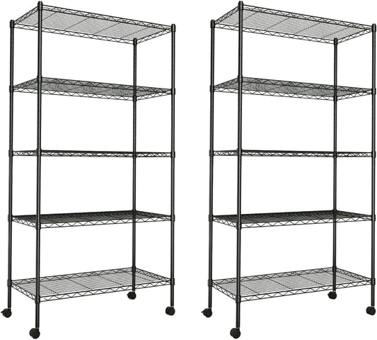 Heavy Duty 5-Shelf Storage Shelving Unit, 1250lbs Loading Capacity, 29.92" D x 13.98" W x 62.99" H Adjustable Steel Organizer Wire Rack, Black, 2 Pack