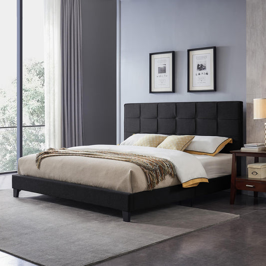 King-size Upholstered Platform Bed Frame with Contemporary Tufted Waffle Stitching, Easy Assembly, Black