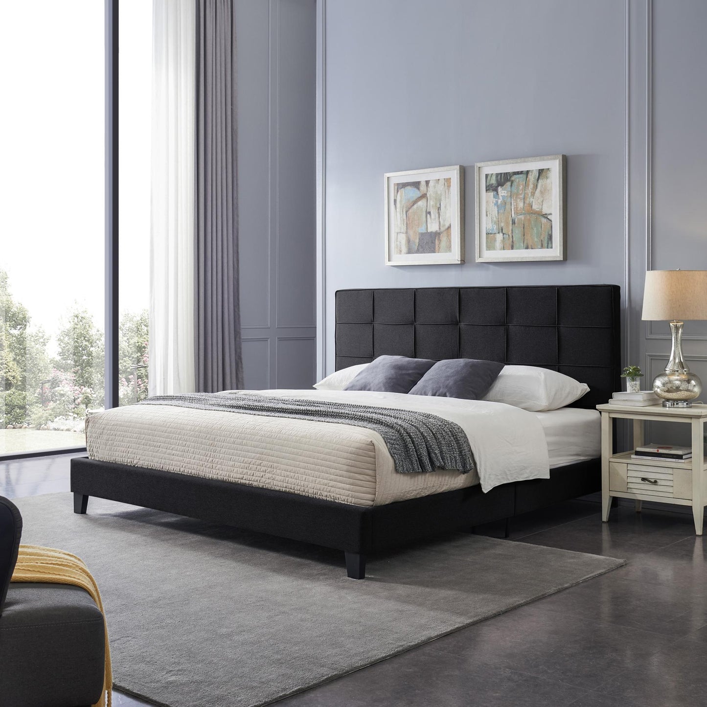 King-size Upholstered Platform Bed Frame with Contemporary Tufted Waffle Stitching, Easy Assembly, Black