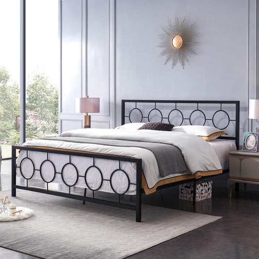 King size Classical Metal Bed Frame with Circular Design Headboard and Footboard, Under Bed Space, Black