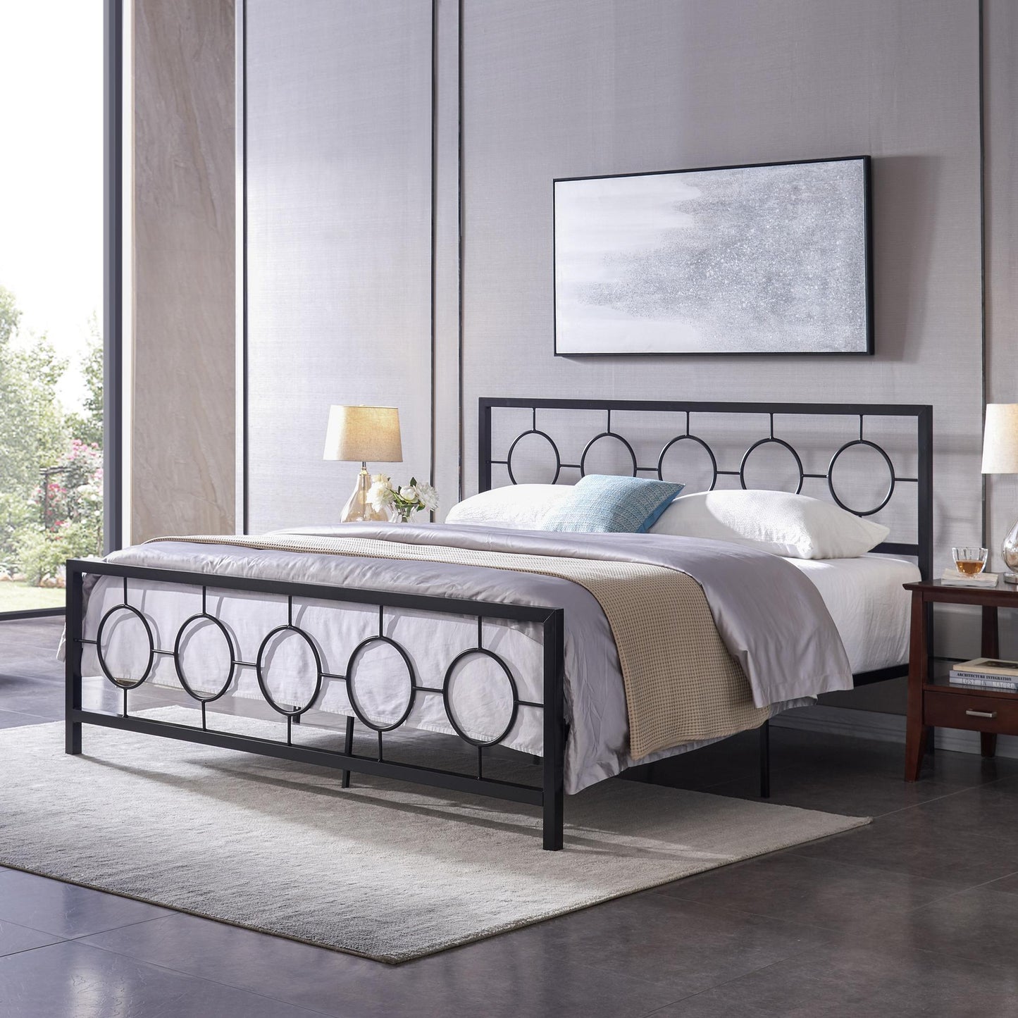 King size Classical Metal Bed Frame with Circular Design Headboard and Footboard, Under Bed Space, Black