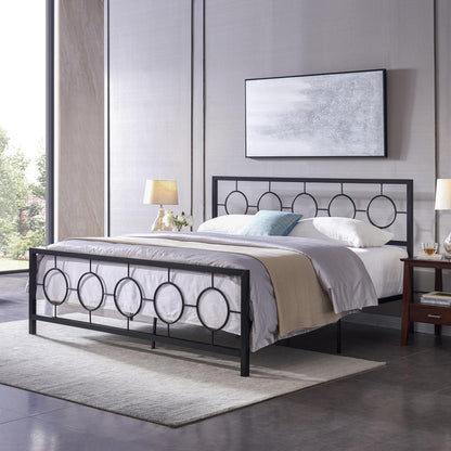 King size Classical Metal Bed Frame with Circular Design Headboard and Footboard, Under Bed Space, Black