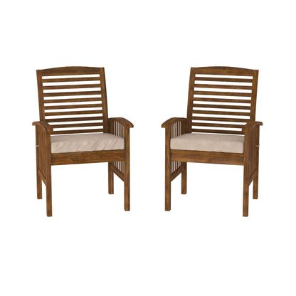 Modern 2-Piece Slat-Back Patio Chairs with Cushions - Dark Brown