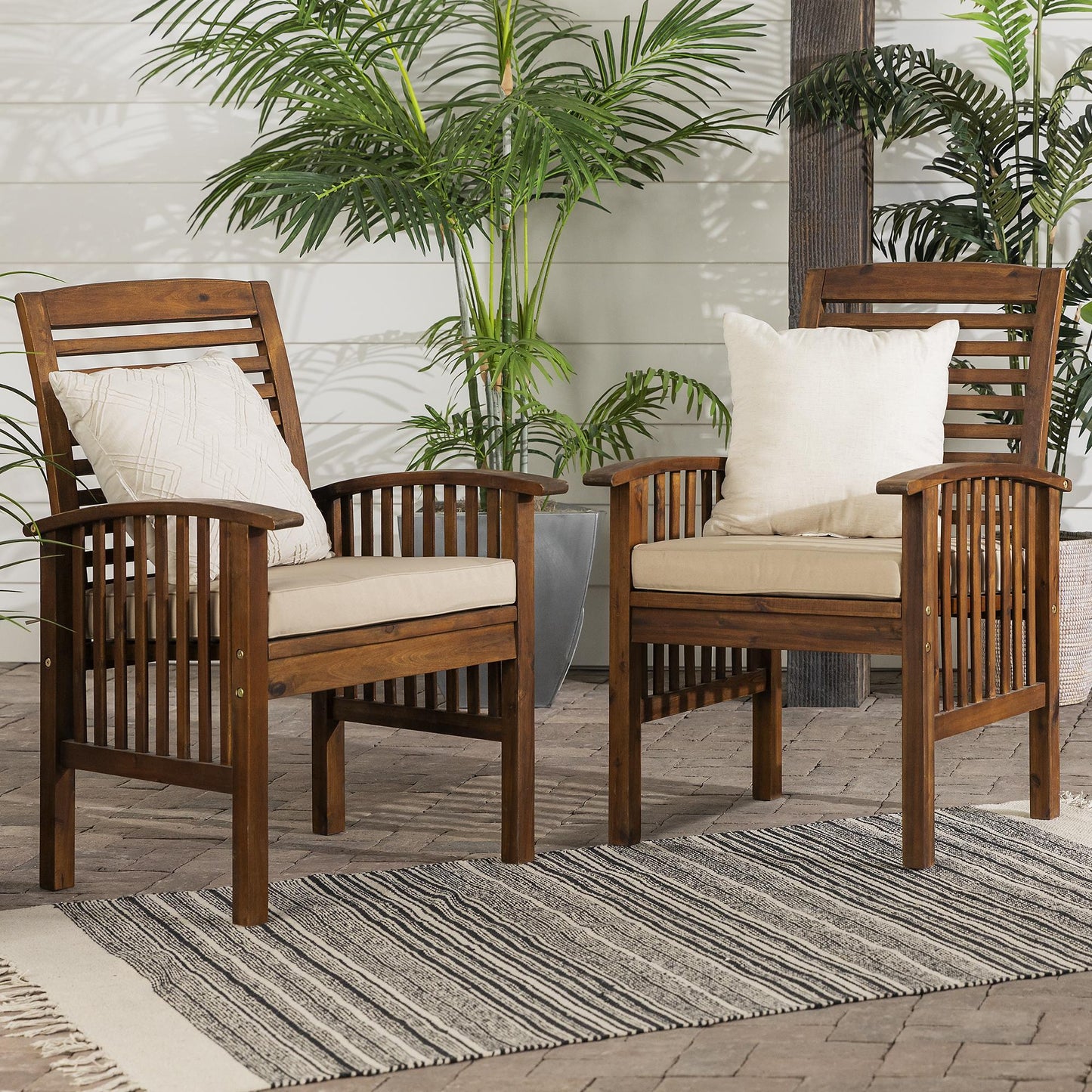 Modern 2-Piece Slat-Back Patio Chairs with Cushions - Dark Brown