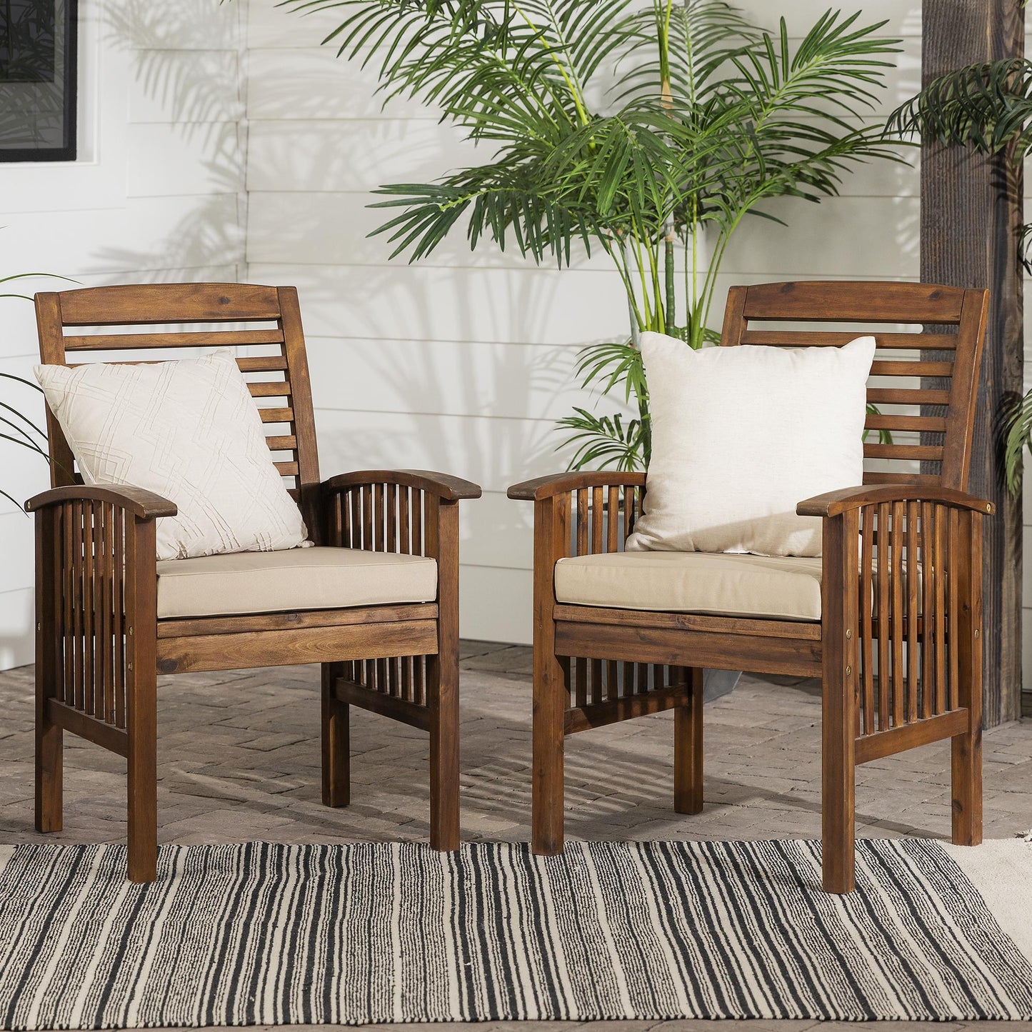 Modern 2-Piece Slat-Back Patio Chairs with Cushions - Dark Brown
