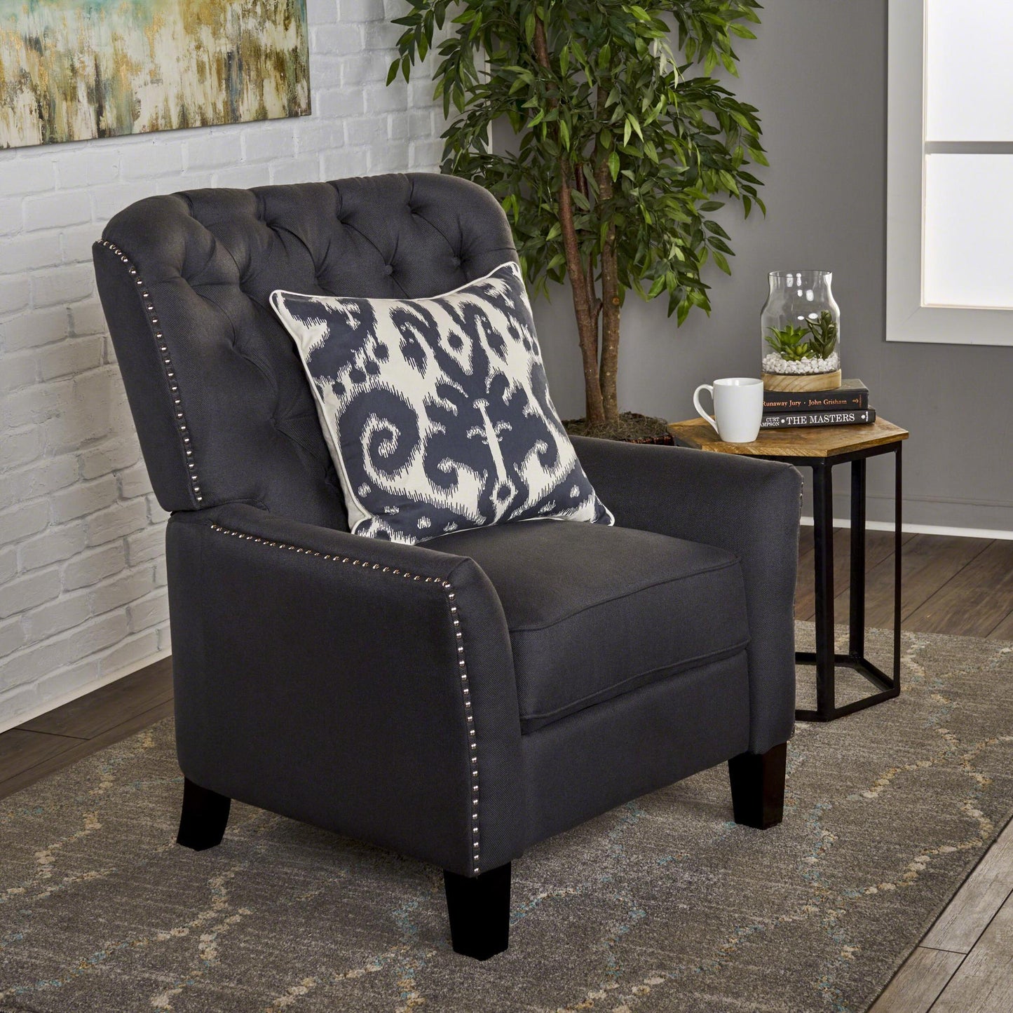 Modern Dark Grey Fabric Push Back Recliner, Antique Dark Grey