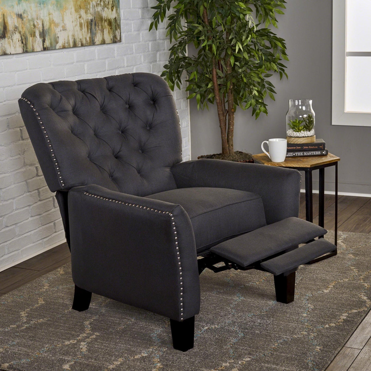 Modern Dark Grey Fabric Push Back Recliner, Antique Dark Grey