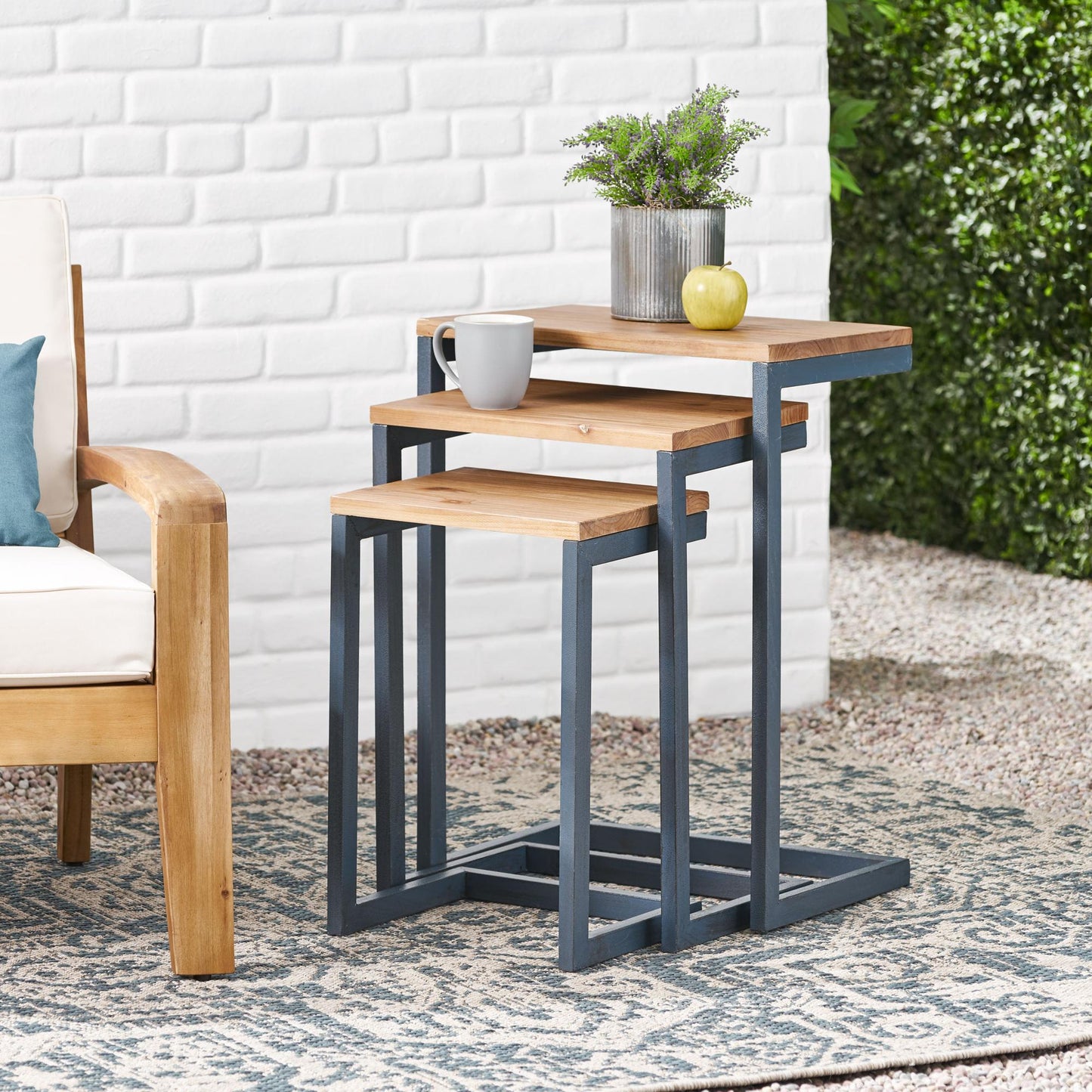Modern Industrial Firwood Nesting Tables (Set of 3), Antique Brown and Black with Blue