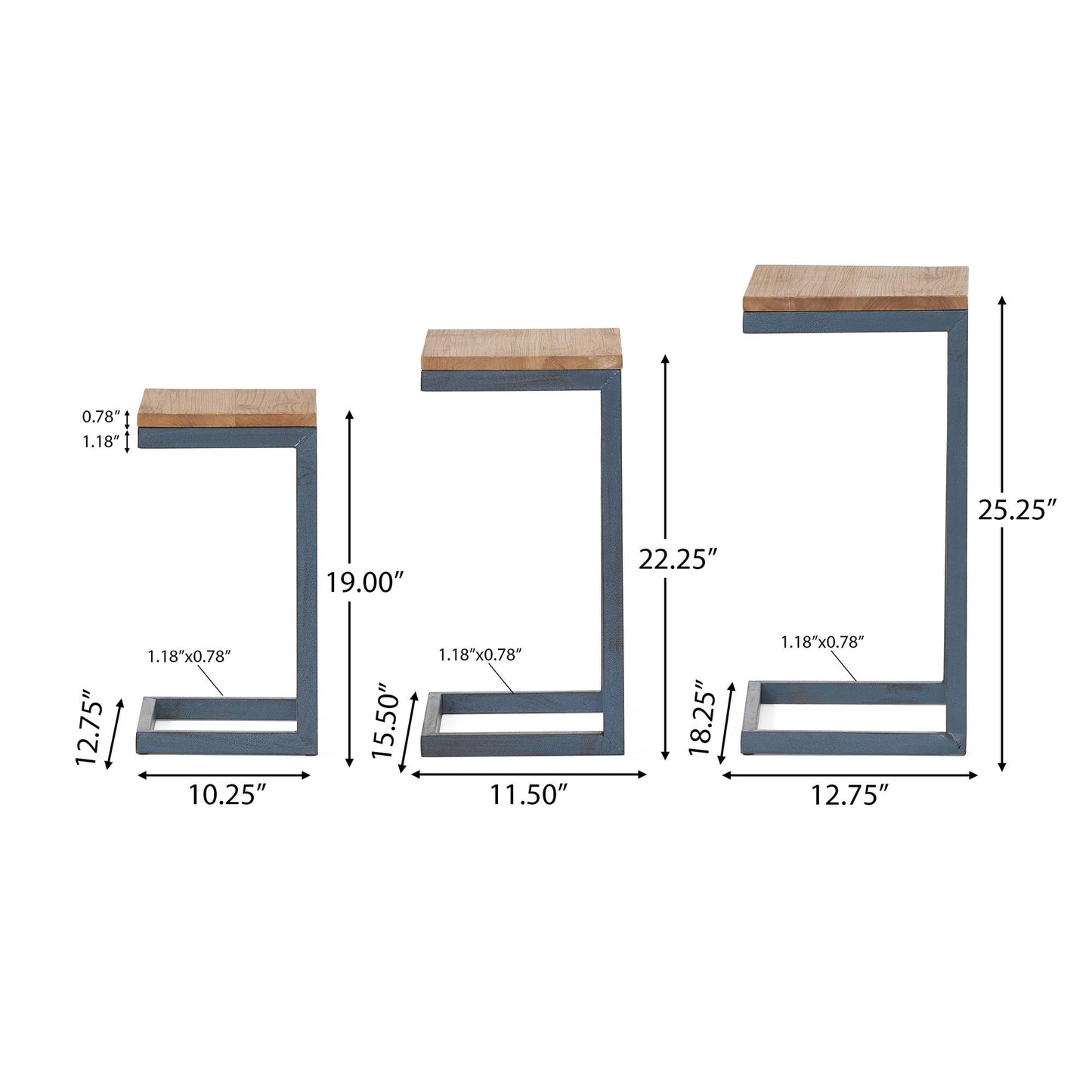 Modern Industrial Firwood Nesting Tables (Set of 3), Antique Brown and Black with Blue
