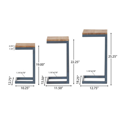 Modern Industrial Firwood Nesting Tables (Set of 3), Antique Brown and Black with Blue