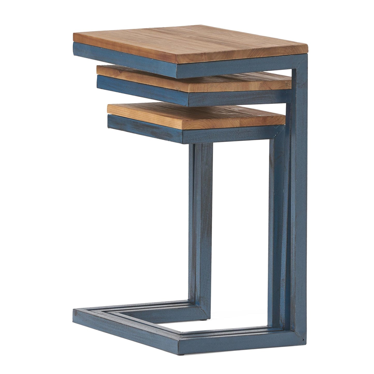 Modern Industrial Firwood Nesting Tables (Set of 3), Antique Brown and Black with Blue