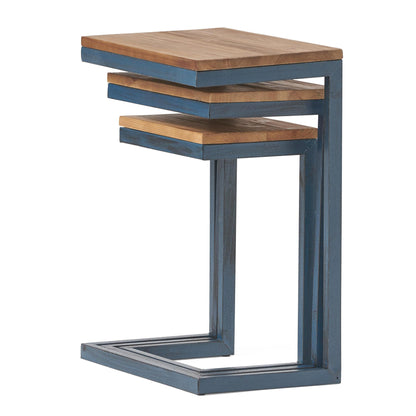 Modern Industrial Firwood Nesting Tables (Set of 3), Antique Brown and Black with Blue