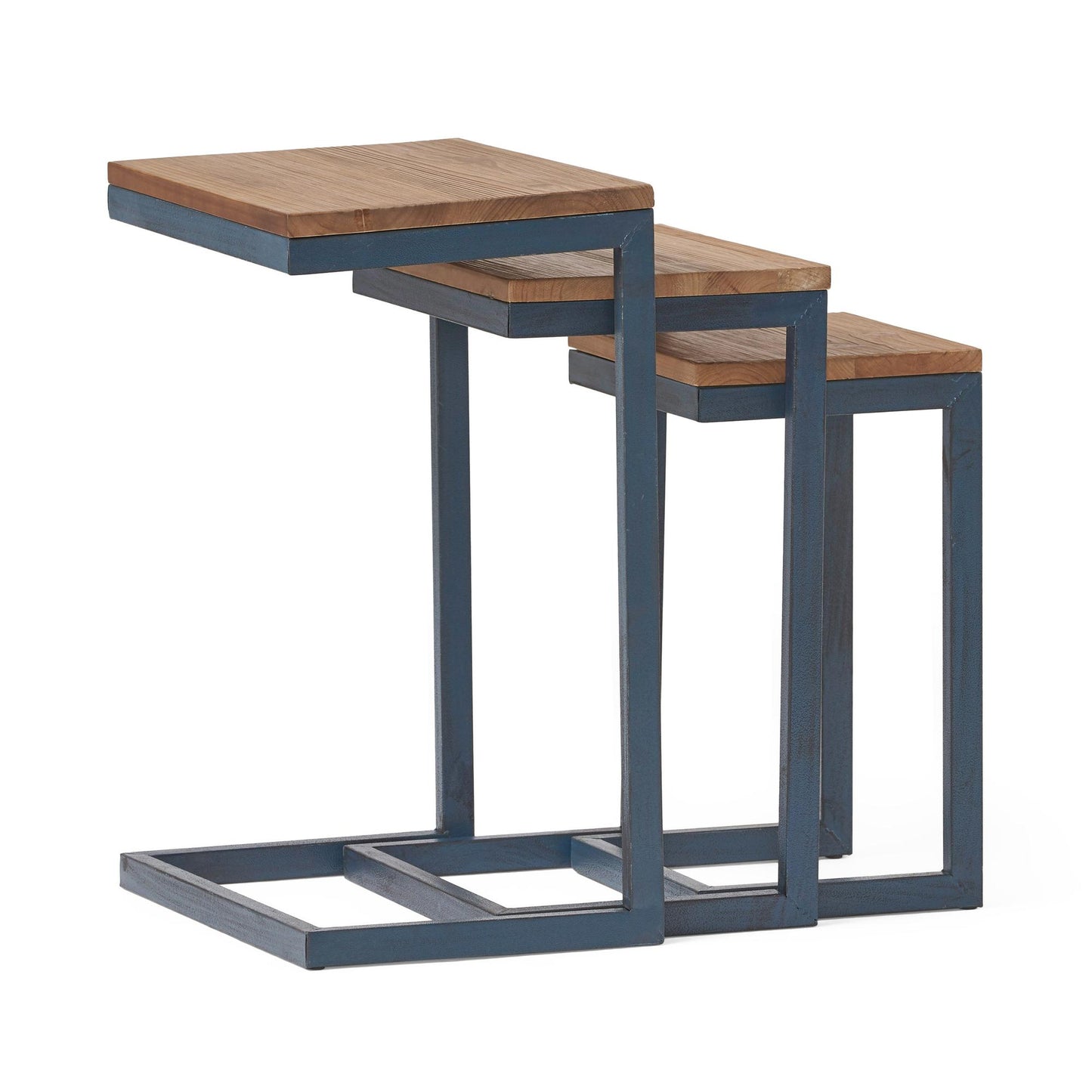 Modern Industrial Firwood Nesting Tables (Set of 3), Antique Brown and Black with Blue