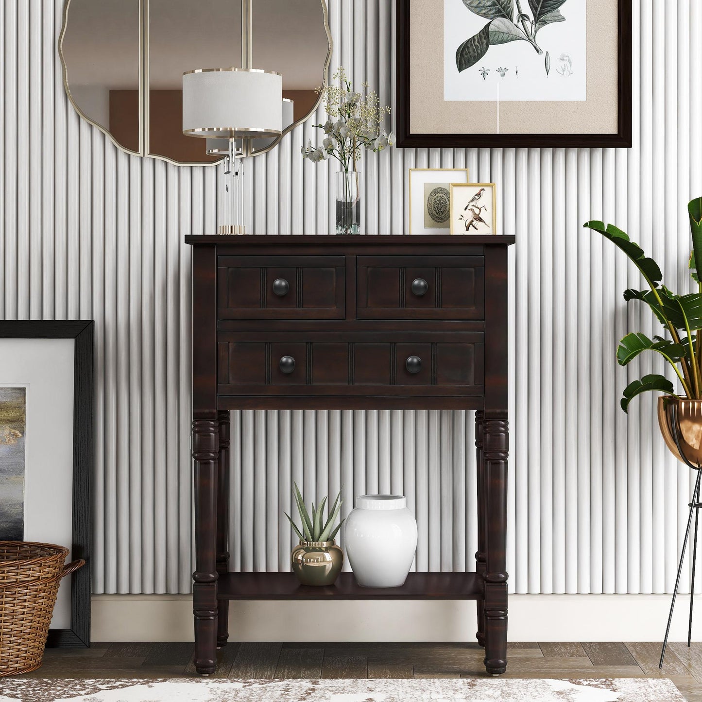 Narrow Console Table, Slim Sofa Table with Three Storage Drawers and Bottom Shelf for Entryway and Living Room (Espresso)