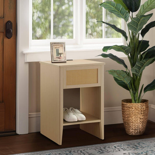 Rattan Accent Side Table with Drawer Storage & Lower Open Shelf 15.75"W x 15"D x 23.75"H