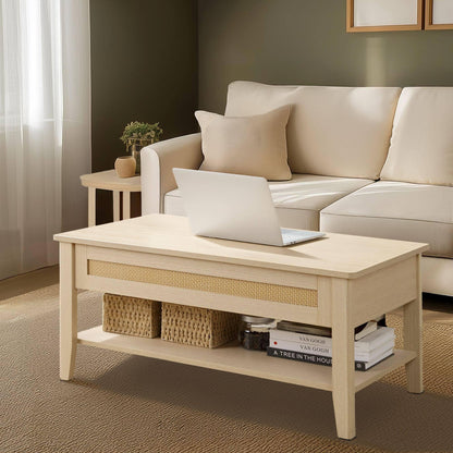 Rattan Lift-Top Coffee Table with Storage & Lower Open Shelf 34.5"W x 19"D x 16~21.5"H