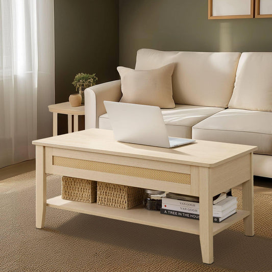 Rattan Lift-Top Coffee Table with Storage & Lower Open Shelf 34.5"W x 19"D x 16~21.5"H