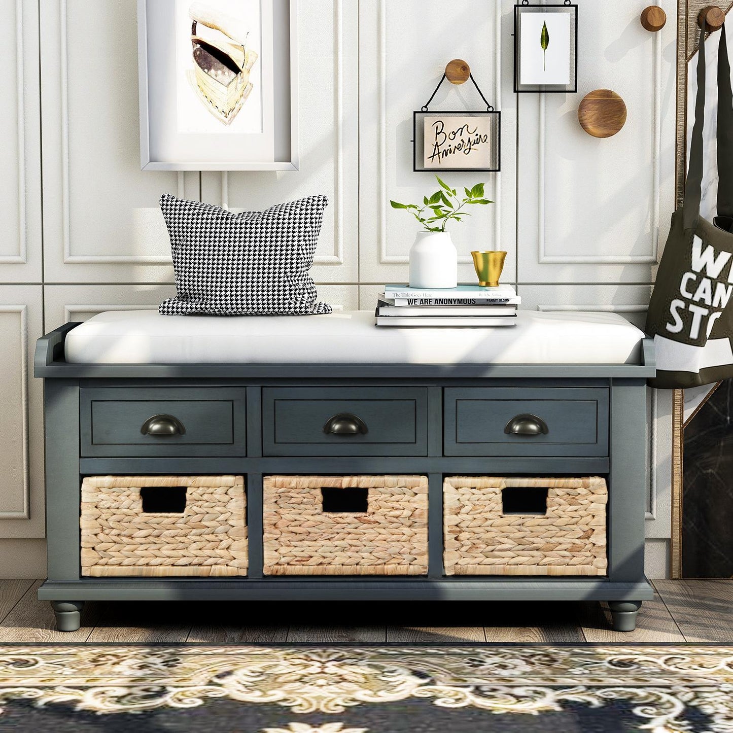 Rustic Storage Bench with 3 Drawers and 3 Rattan Baskets, Shoe Bench for Living Room, Entryway (Antique Navy)