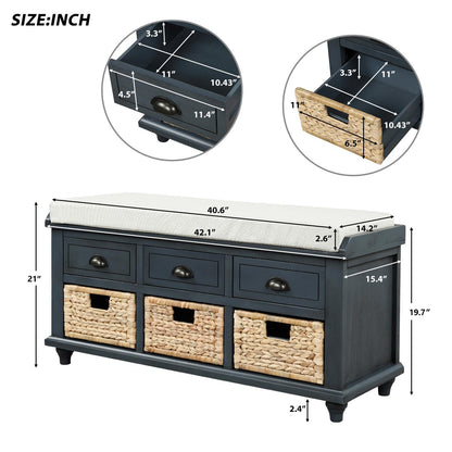 Rustic Storage Bench with 3 Drawers and 3 Rattan Baskets, Shoe Bench for Living Room, Entryway (Antique Navy)