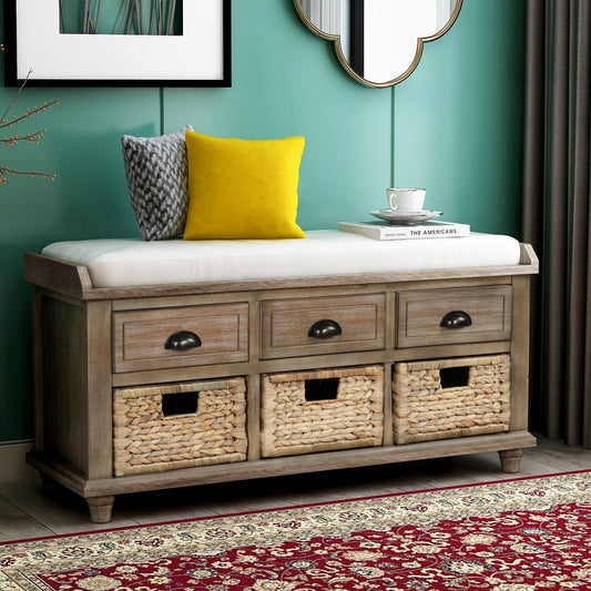 Rustic Storage Bench with 3 Drawers and 3 Rattan Baskets, Shoe Bench for Living Room, Entryway (White Washed)