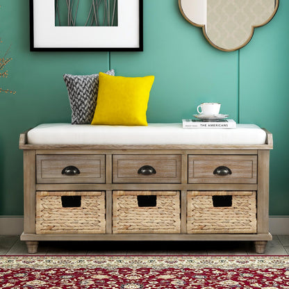 Rustic Storage Bench with 3 Drawers and 3 Rattan Baskets, Shoe Bench for Living Room, Entryway (White Washed)