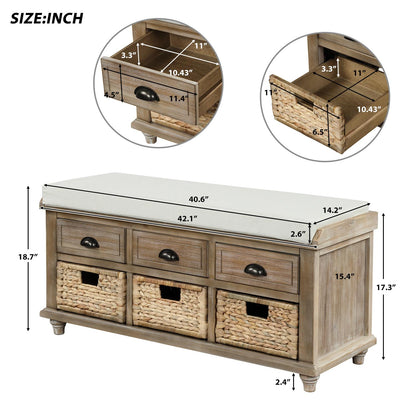 Rustic Storage Bench with 3 Drawers and 3 Rattan Baskets, Shoe Bench for Living Room, Entryway (White Washed)