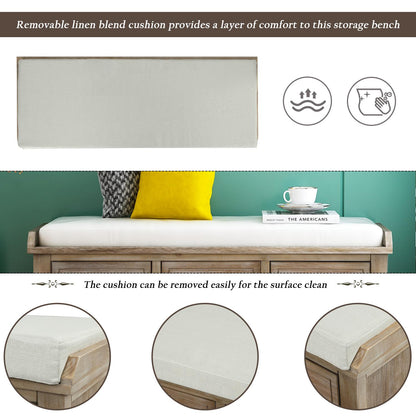 Rustic Storage Bench with 3 Drawers and 3 Rattan Baskets, Shoe Bench for Living Room, Entryway (White Washed)