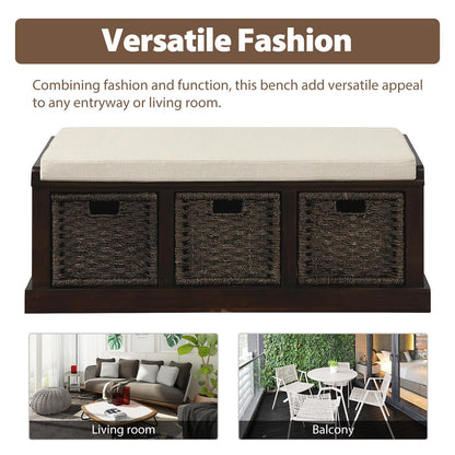 Rustic Storage Bench with 3 Removable Classic Rattan Basket , Entryway Bench with Removable Cushion (Espresso)