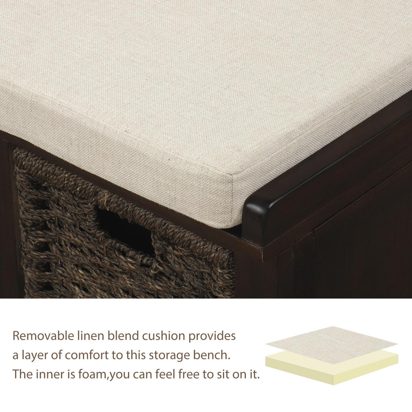 Rustic Storage Bench with 3 Removable Classic Rattan Basket , Entryway Bench with Removable Cushion (Espresso)