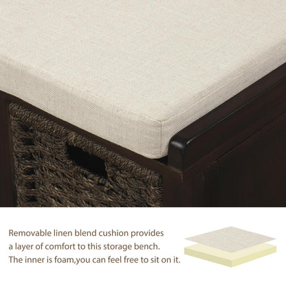 Rustic Storage Bench with 3 Removable Classic Rattan Basket , Entryway Bench with Removable Cushion (Espresso)